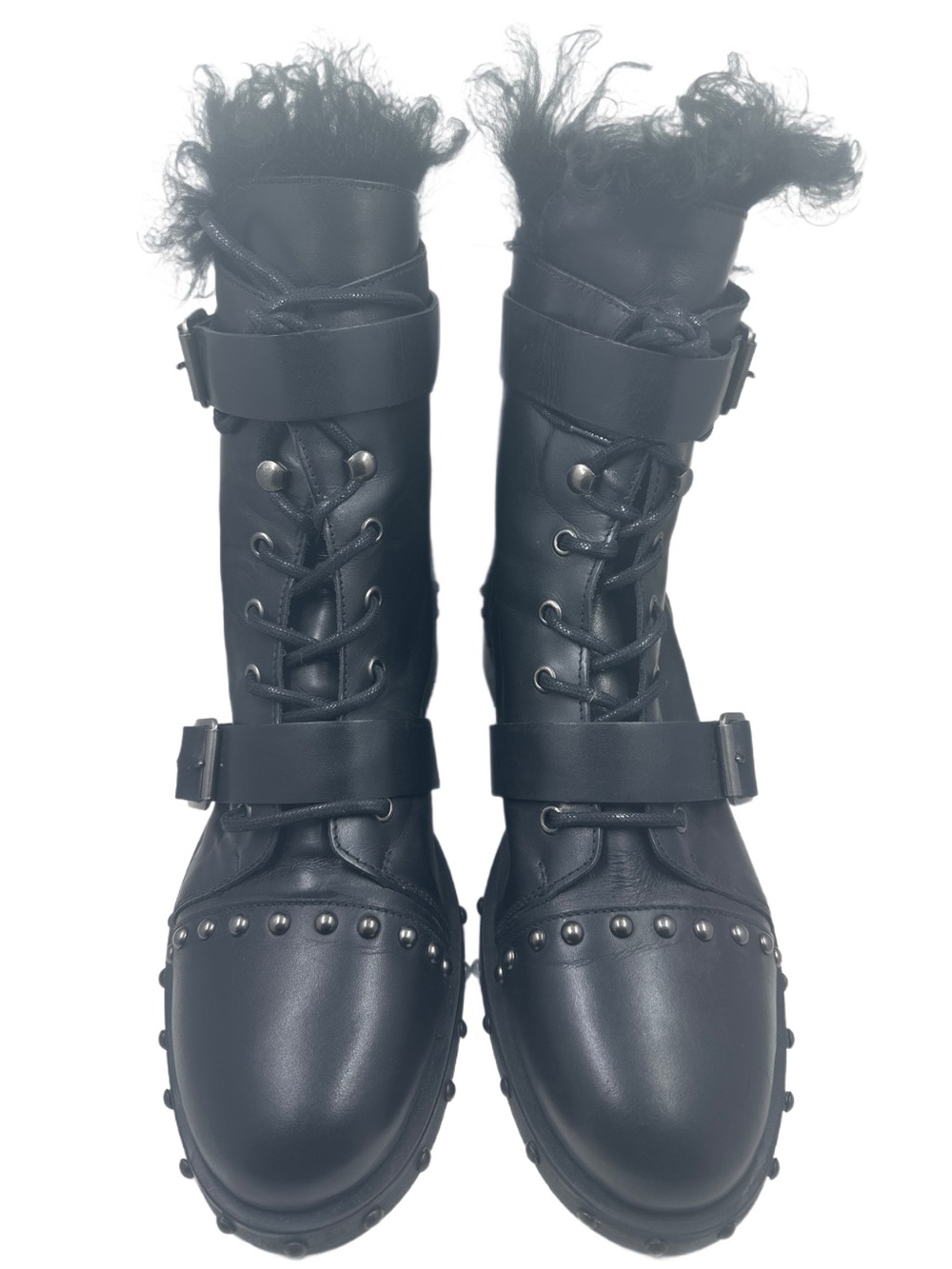 Zara Woman Black Leather Studded Buckle Biker Boots EU 42